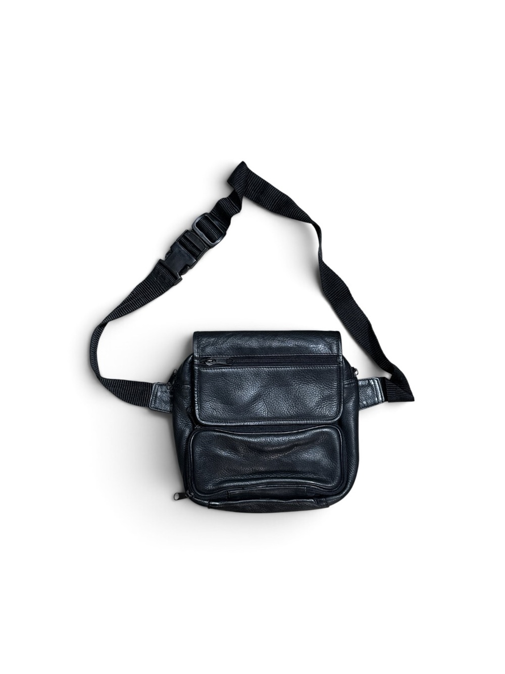 Vintage 1990s Black Leather Organizer Crossbody Bag Adjustable Strap Purse